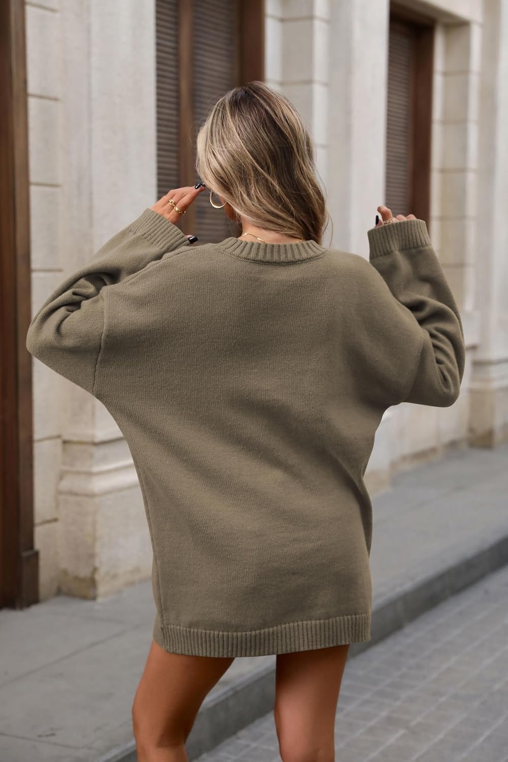 image:imageZAFUL Women Oversized Sweater Crew Neck Long Sleeve Casual Tunic PulloverKhaki