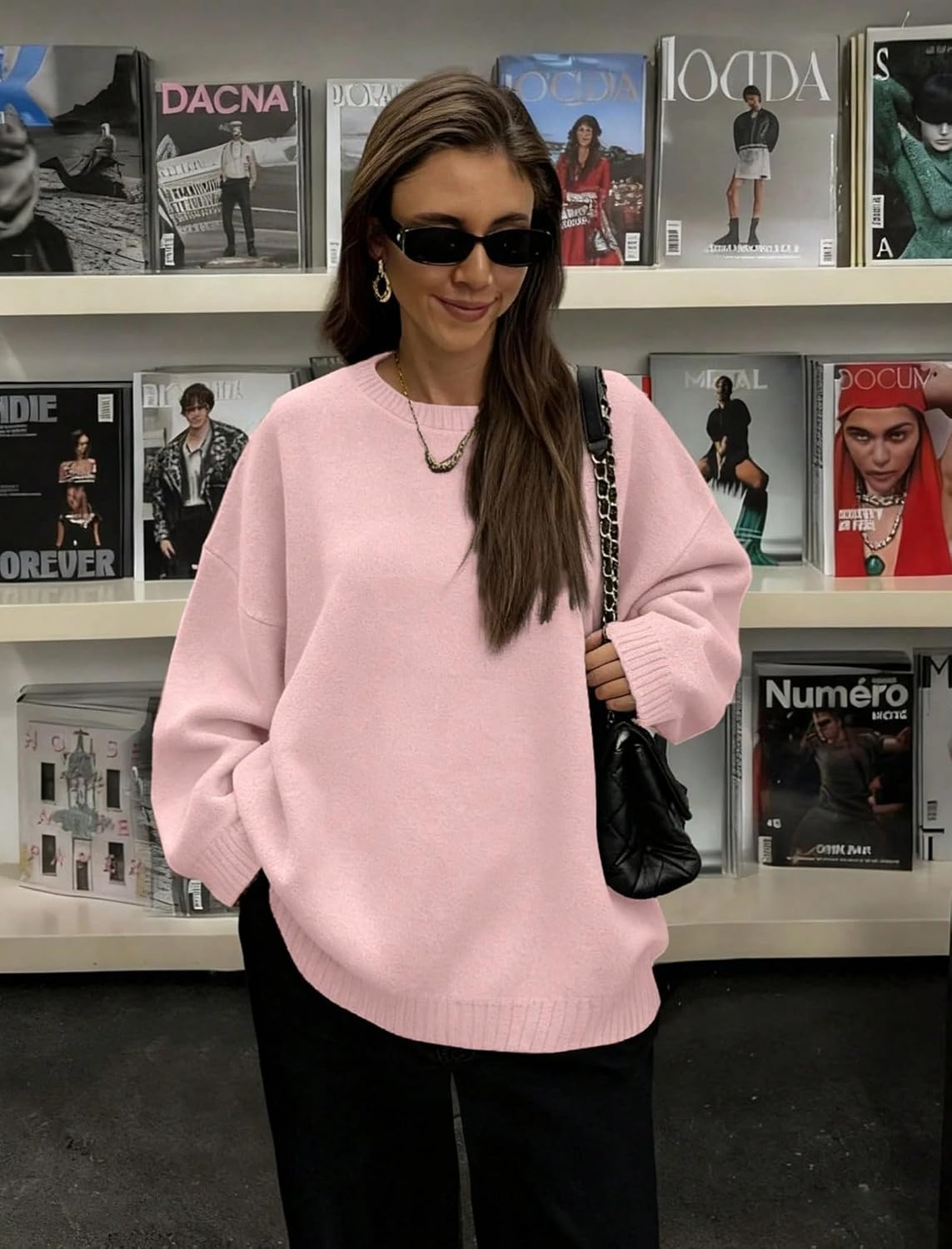 image:imageZAFUL Women Oversized Sweater Crew Neck Long Sleeve Casual Tunic PulloverPink