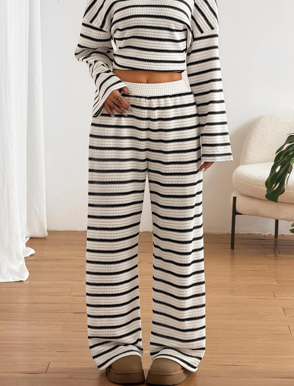 image:imageZAFUL Womens 2 Piece Striped Lounge Sets Casual Pajamas Wide Leg PantsWhite