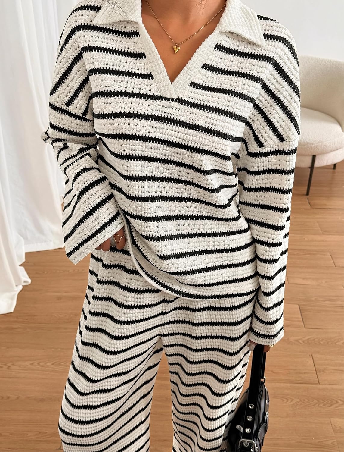 image:imageZAFUL Womens 2 Piece Striped Lounge Sets Casual Pajamas Wide Leg PantsWhite
