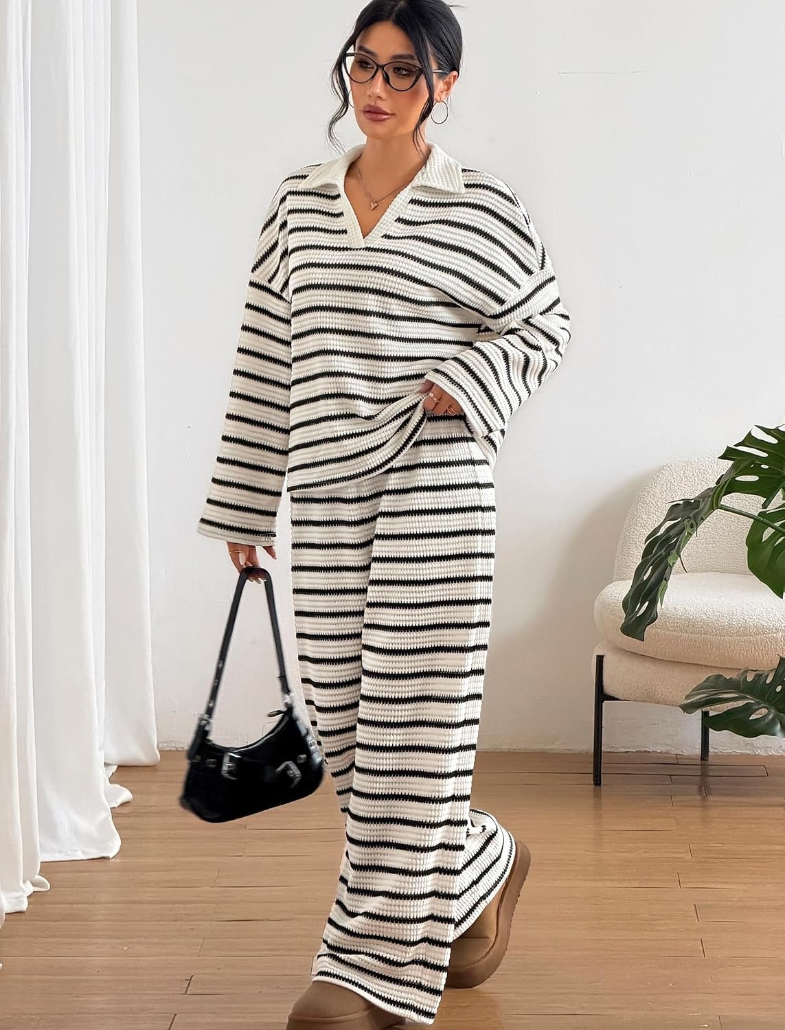image:imageZAFUL Womens 2 Piece Striped Lounge Sets Casual Pajamas Wide Leg PantsWhite