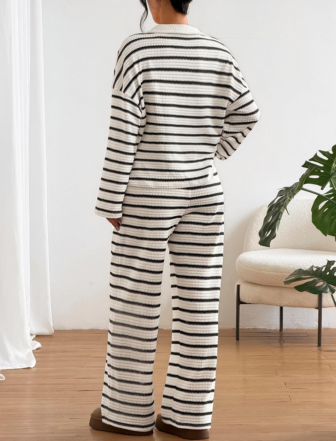 image:imageZAFUL Womens 2 Piece Striped Lounge Sets Casual Pajamas Wide Leg PantsWhite
