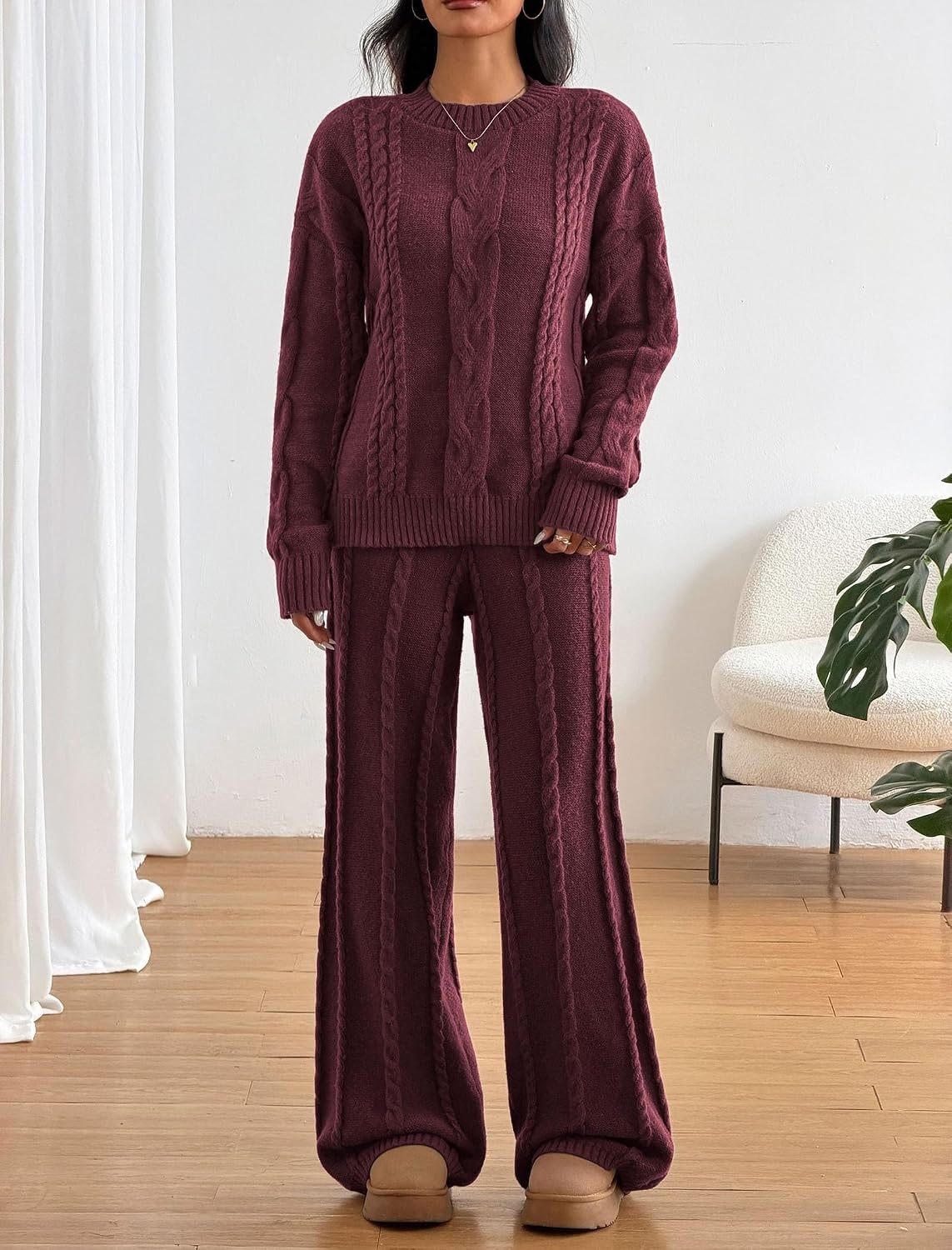 image:imageZAFUL Womens Cable Knit Sweater Set Pullover Knit Sweater Wide Leg Pants0burgundy