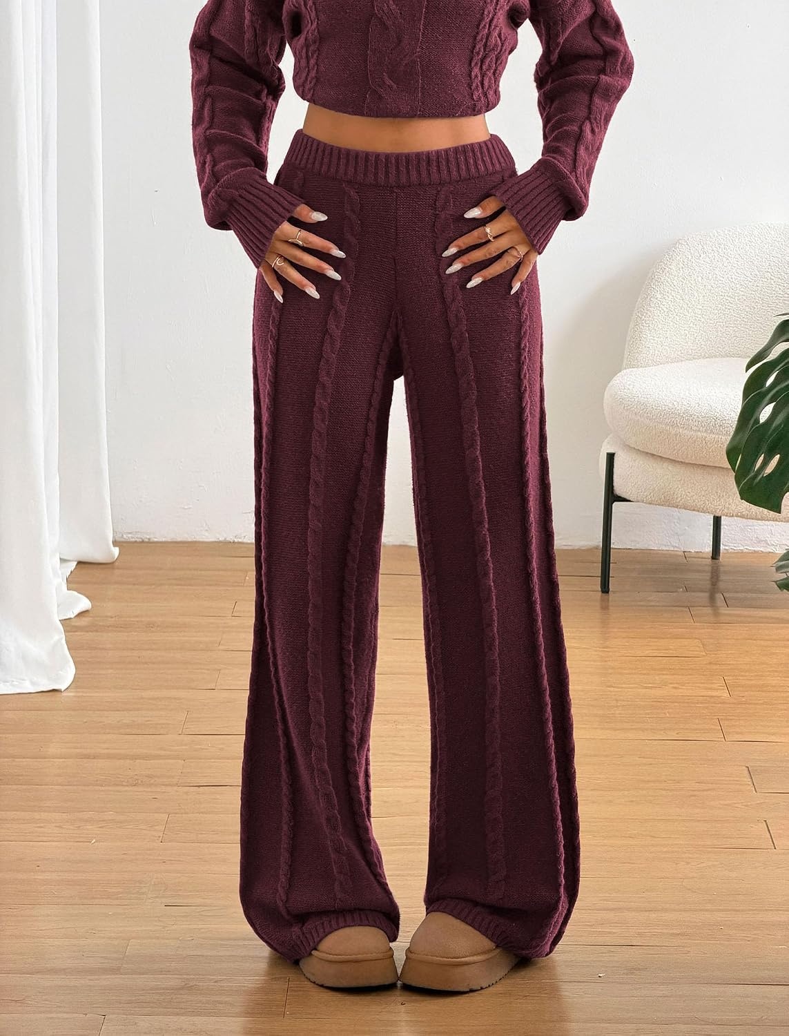 image:imageZAFUL Womens Cable Knit Sweater Set Pullover Knit Sweater Wide Leg Pants0burgundy