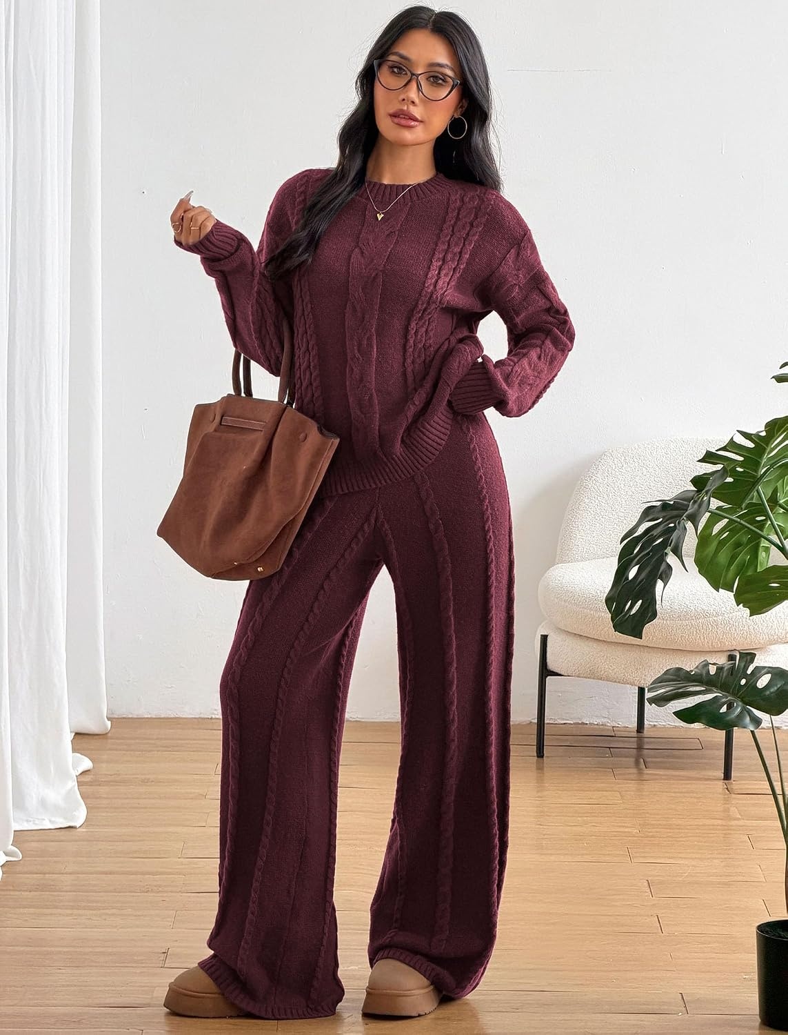 image:imageZAFUL Womens Cable Knit Sweater Set Pullover Knit Sweater Wide Leg Pants0burgundy
