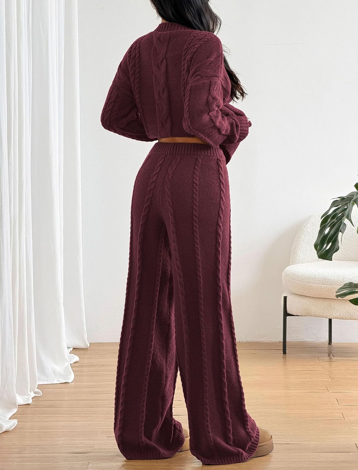 image:imageZAFUL Womens Cable Knit Sweater Set Pullover Knit Sweater Wide Leg Pants0burgundy