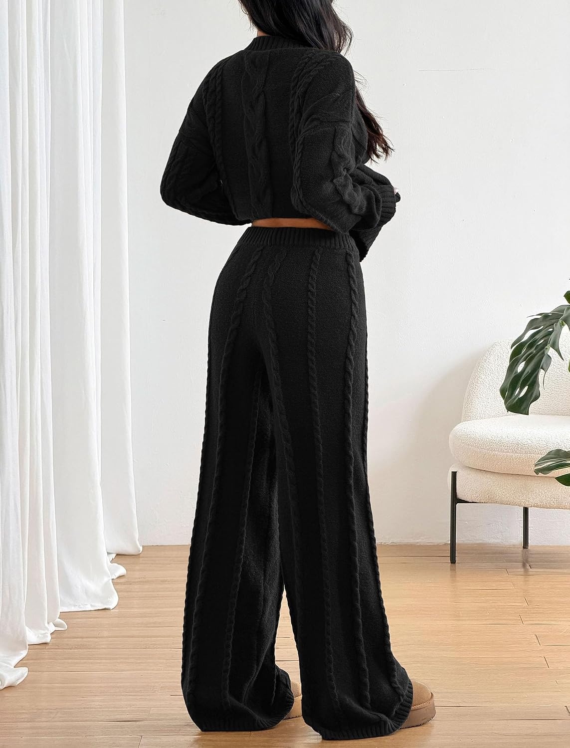 image:imageZAFUL Womens Cable Knit Sweater Set Pullover Knit Sweater Wide Leg Pants1black