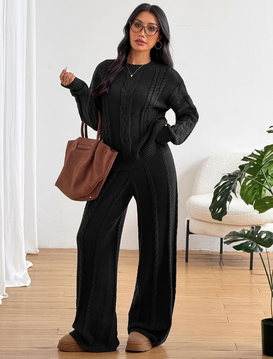 image:imageZAFUL Womens Cable Knit Sweater Set Pullover Knit Sweater Wide Leg Pants1black