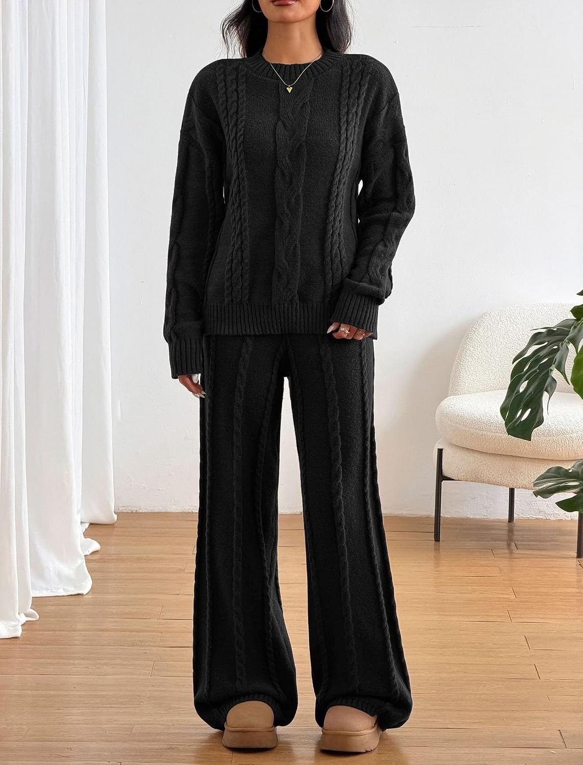 image:imageZAFUL Womens Cable Knit Sweater Set Pullover Knit Sweater Wide Leg Pants1black