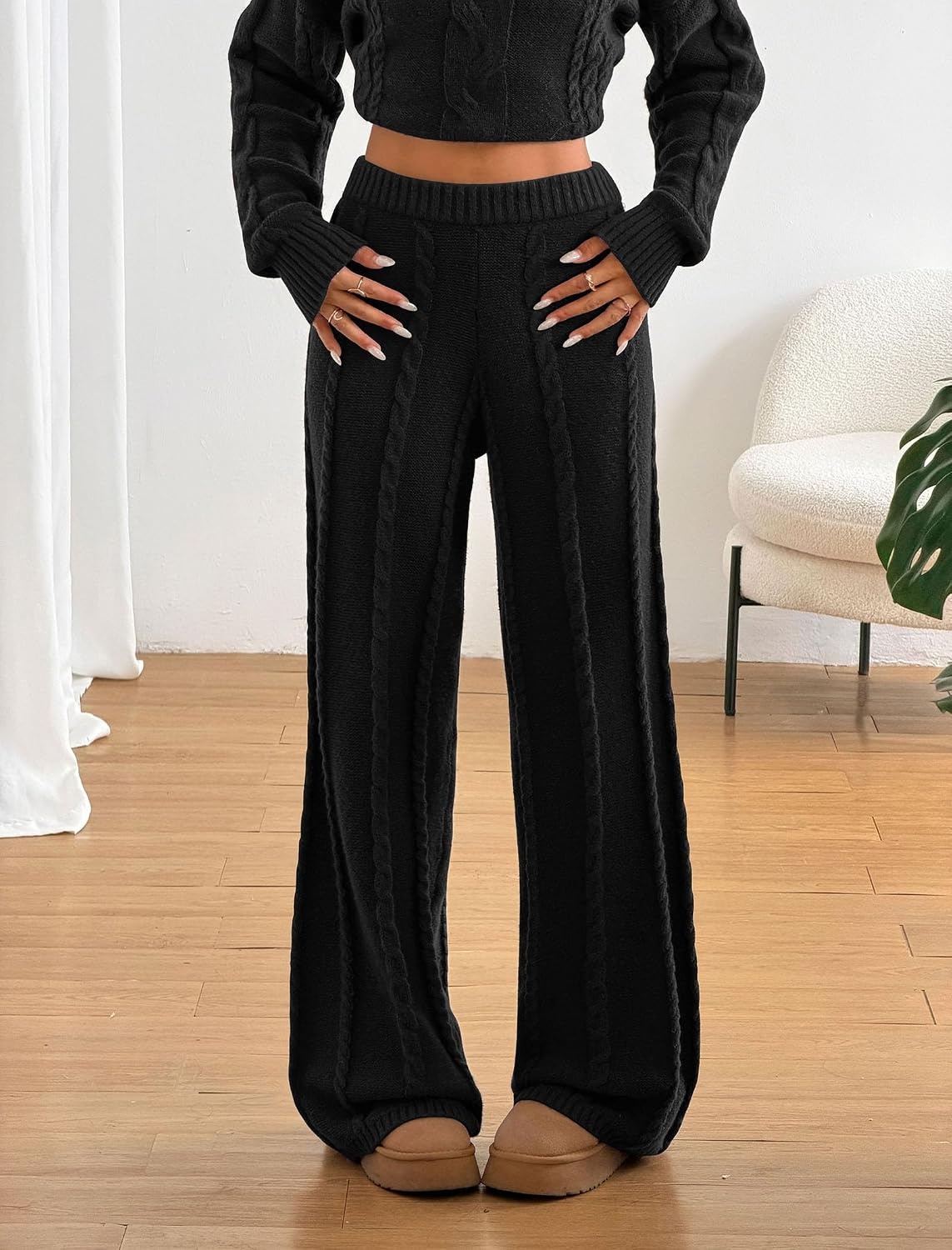image:imageZAFUL Womens Cable Knit Sweater Set Pullover Knit Sweater Wide Leg Pants1black