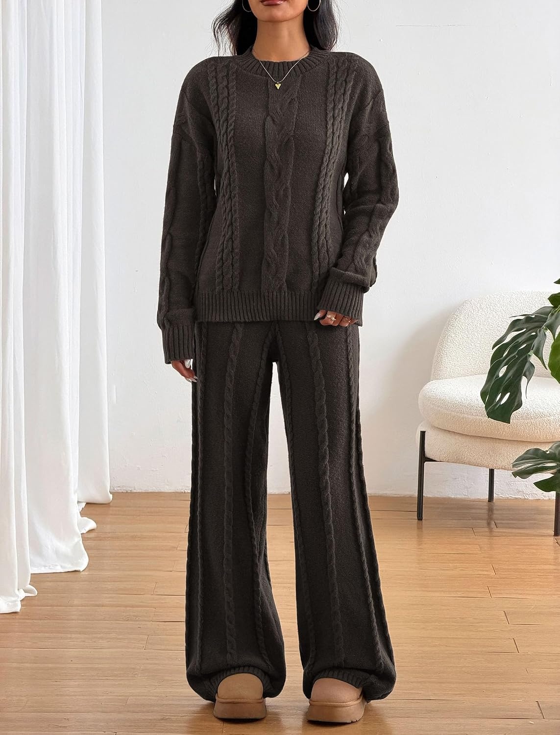 image:imageZAFUL Womens Cable Knit Sweater Set Pullover Knit Sweater Wide Leg Pants1coffee Brown