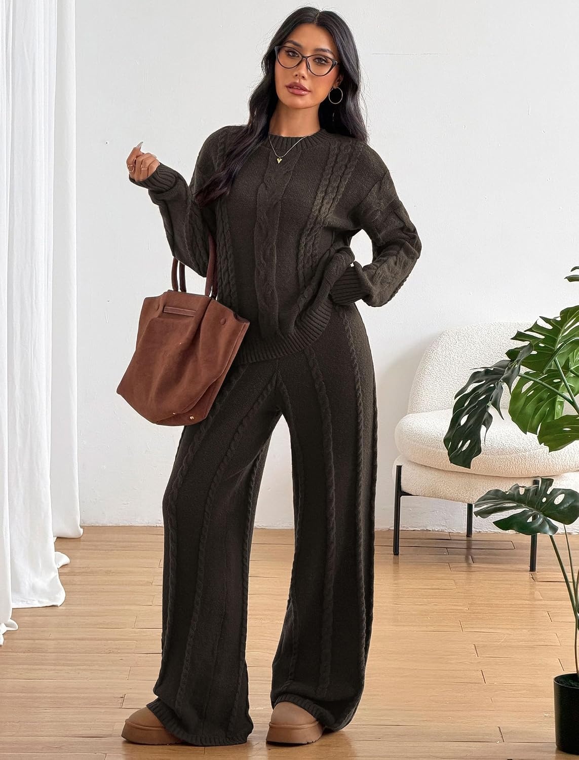 image:imageZAFUL Womens Cable Knit Sweater Set Pullover Knit Sweater Wide Leg Pants1coffee Brown