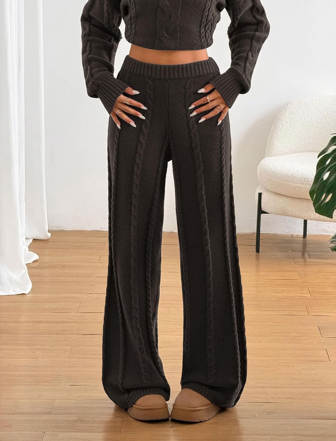 image:imageZAFUL Womens Cable Knit Sweater Set Pullover Knit Sweater Wide Leg Pants1coffee Brown