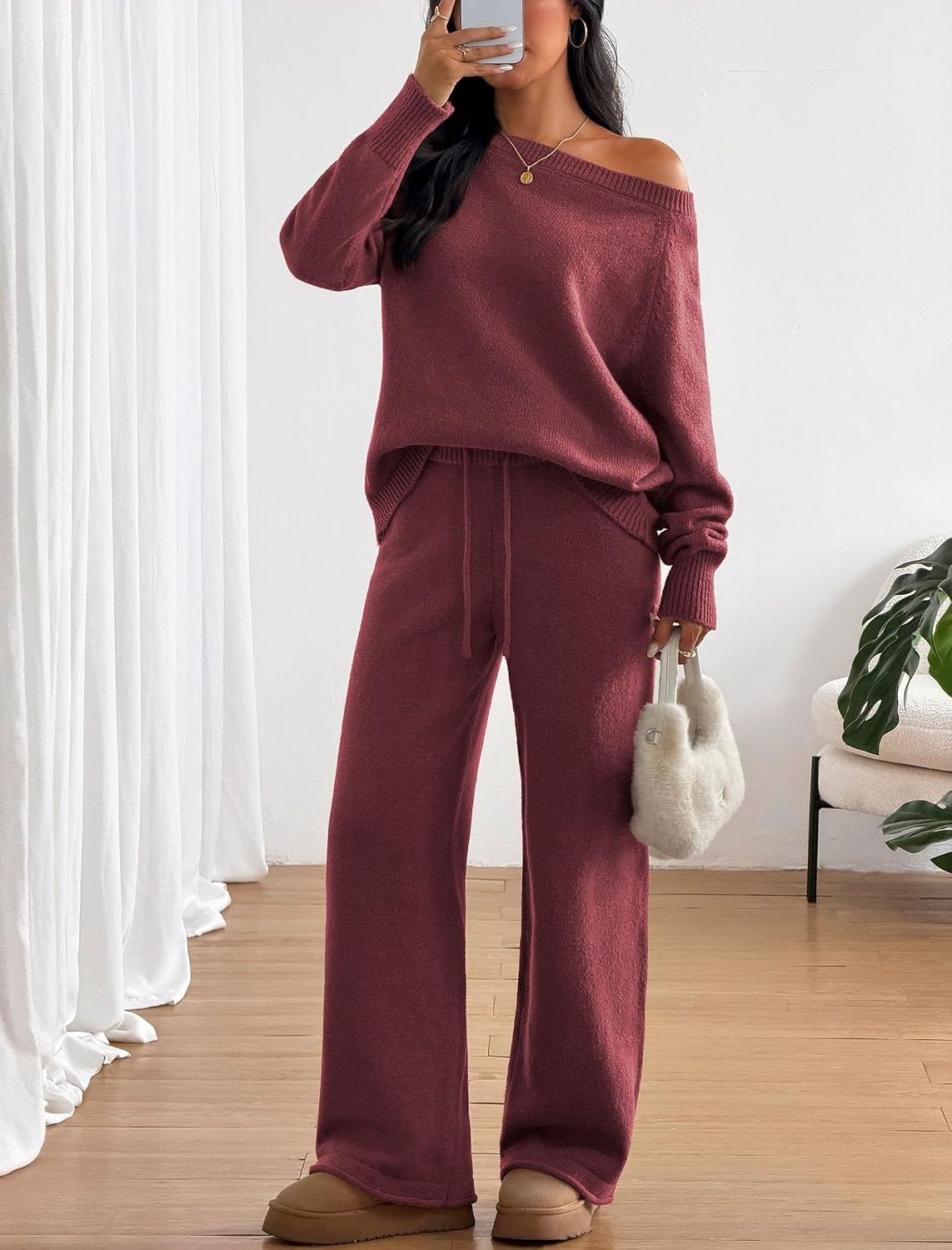 image:imageZAFUL Womens Cable Knit Sweater Set Pullover Knit Sweater Wide Leg Pants2burgundy