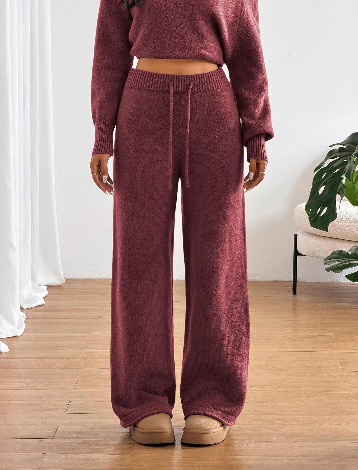 image:imageZAFUL Womens Cable Knit Sweater Set Pullover Knit Sweater Wide Leg Pants2burgundy