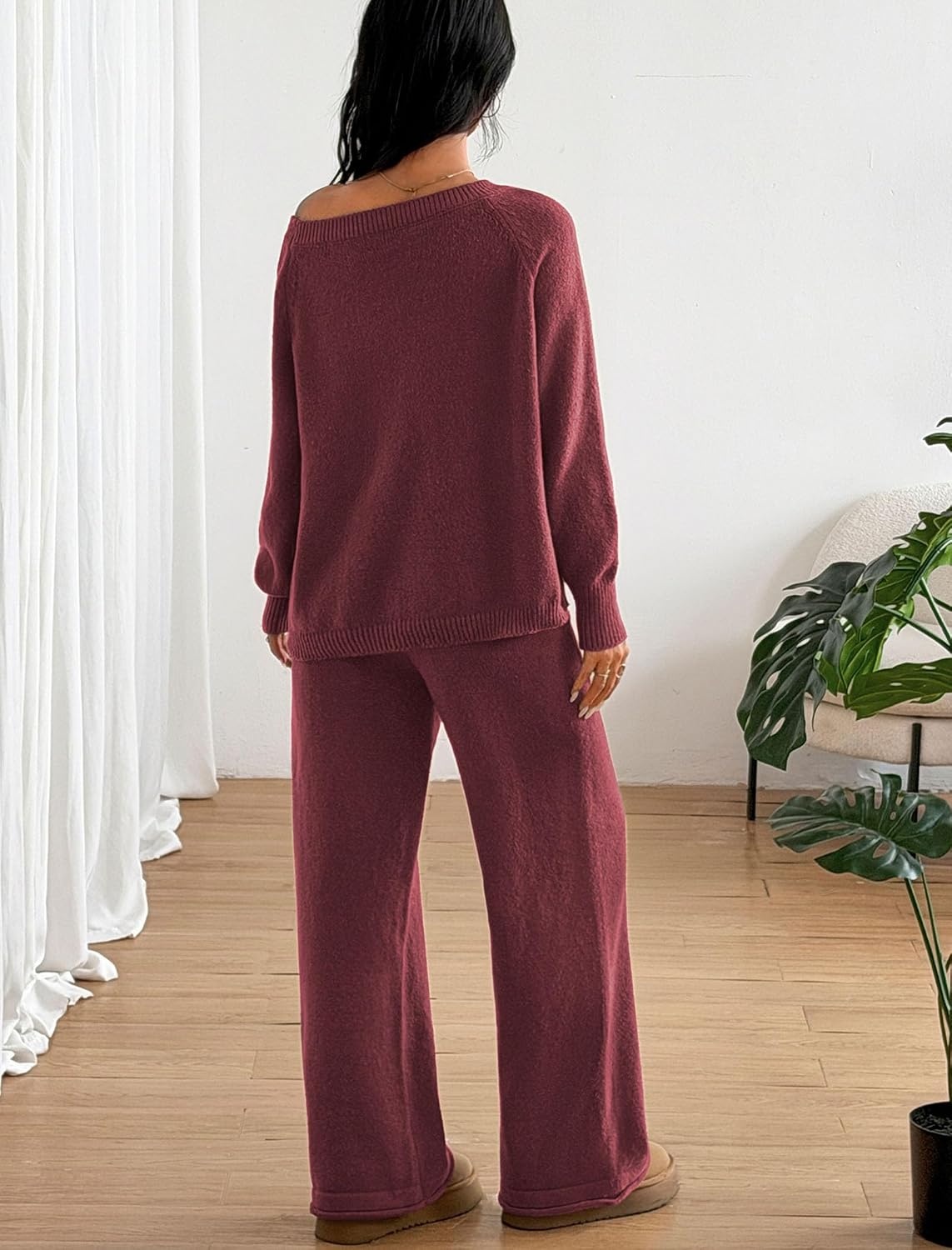 image:imageZAFUL Womens Cable Knit Sweater Set Pullover Knit Sweater Wide Leg Pants2burgundy