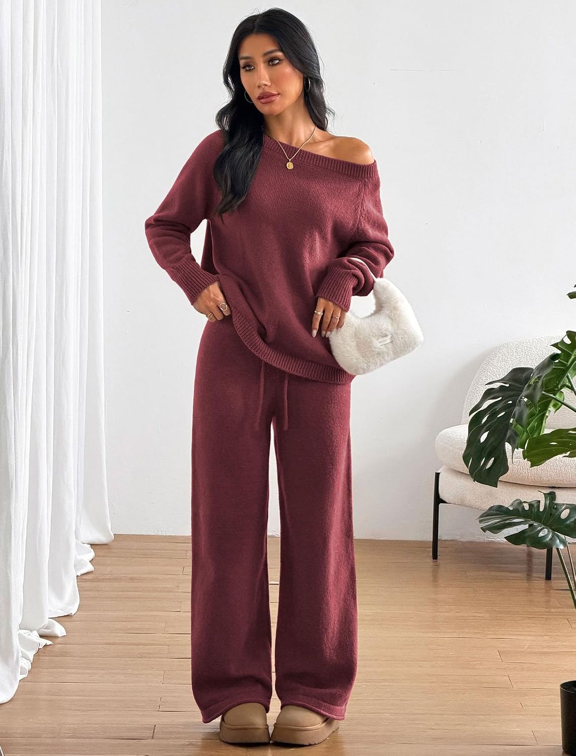 image:imageZAFUL Womens Cable Knit Sweater Set Pullover Knit Sweater Wide Leg Pants2burgundy