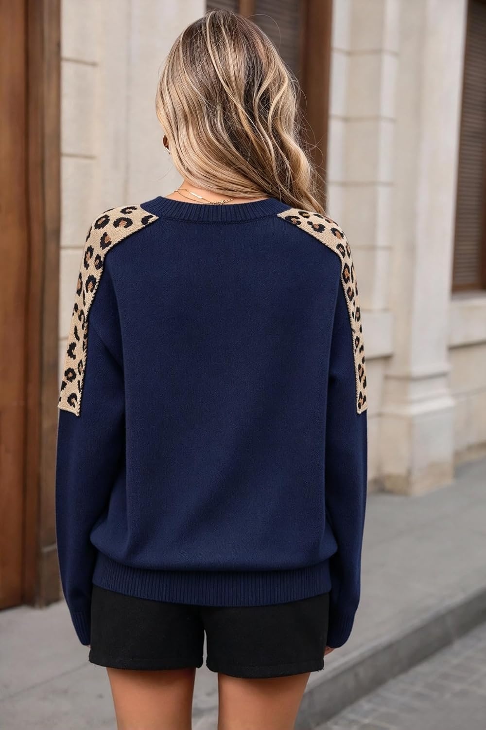 image:imageZAFUL Womens Crew Neck Sweater Leopard Patchwork Long Sleeve Knit Pullover10dark Blue