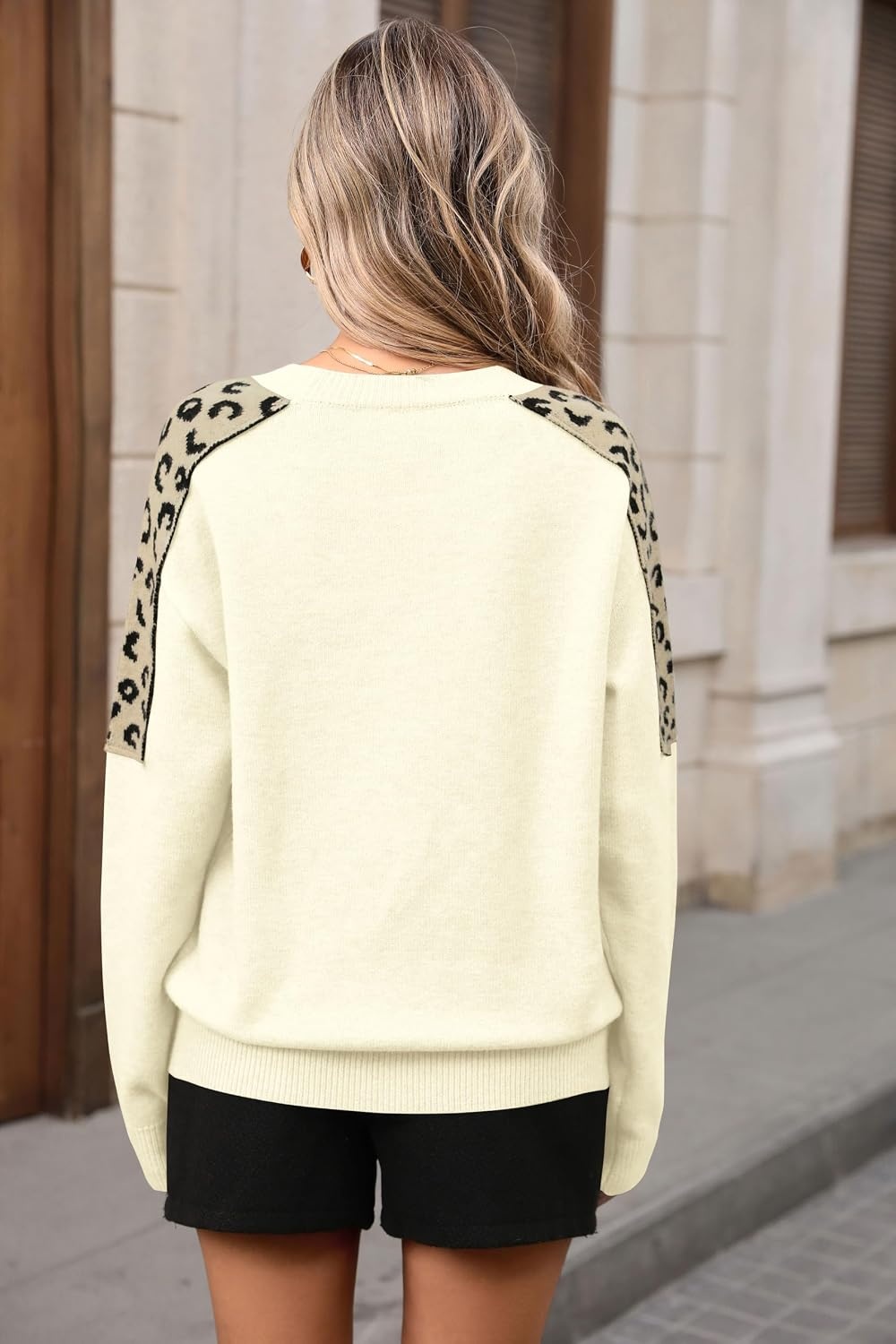 image:imageZAFUL Womens Crew Neck Sweater Leopard Patchwork Long Sleeve Knit Pullover1beige