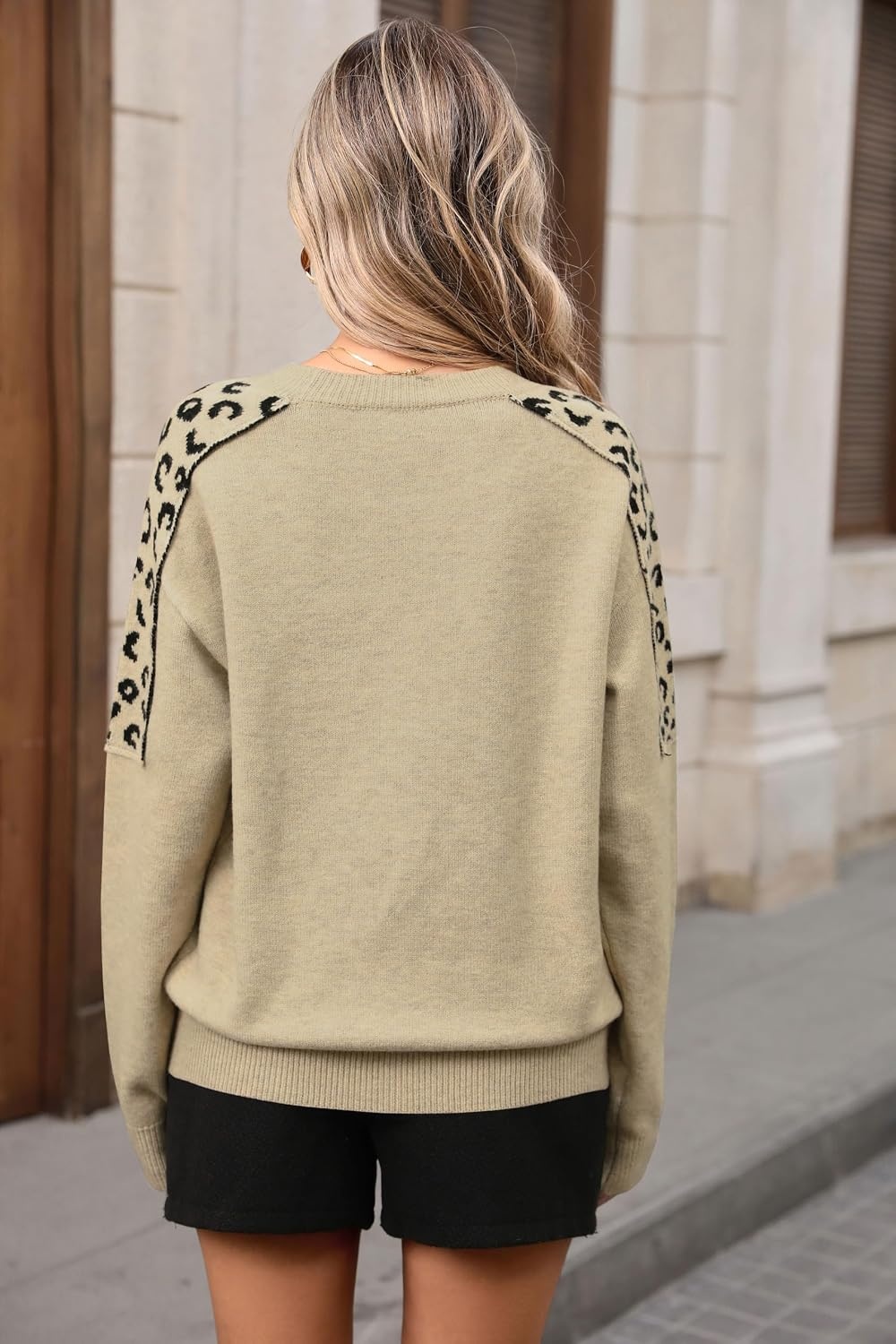 image:imageZAFUL Womens Crew Neck Sweater Leopard Patchwork Long Sleeve Knit Pullover3khaki