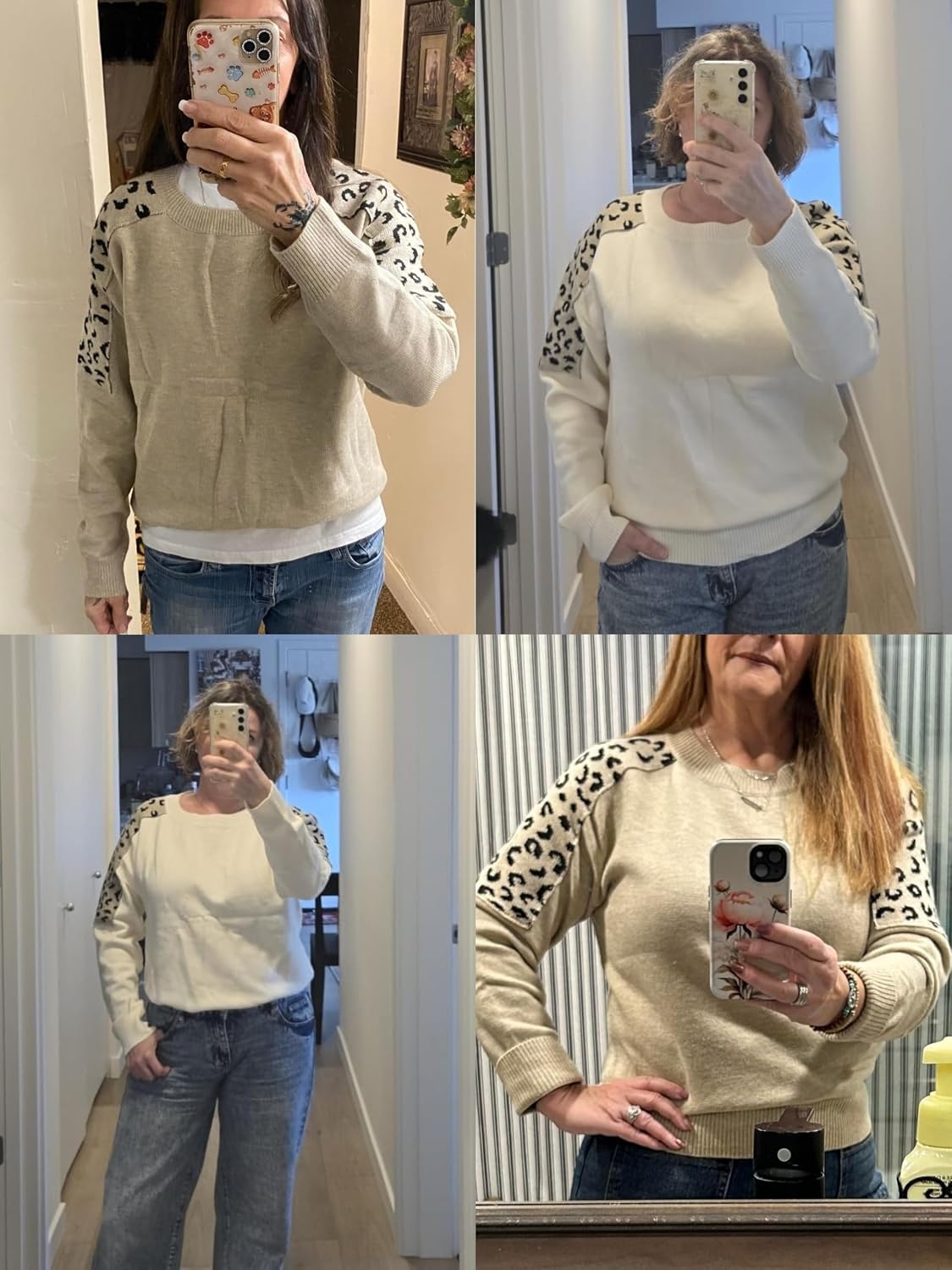image:imageZAFUL Womens Crew Neck Sweater Leopard Patchwork Long Sleeve Knit Pullover3khaki