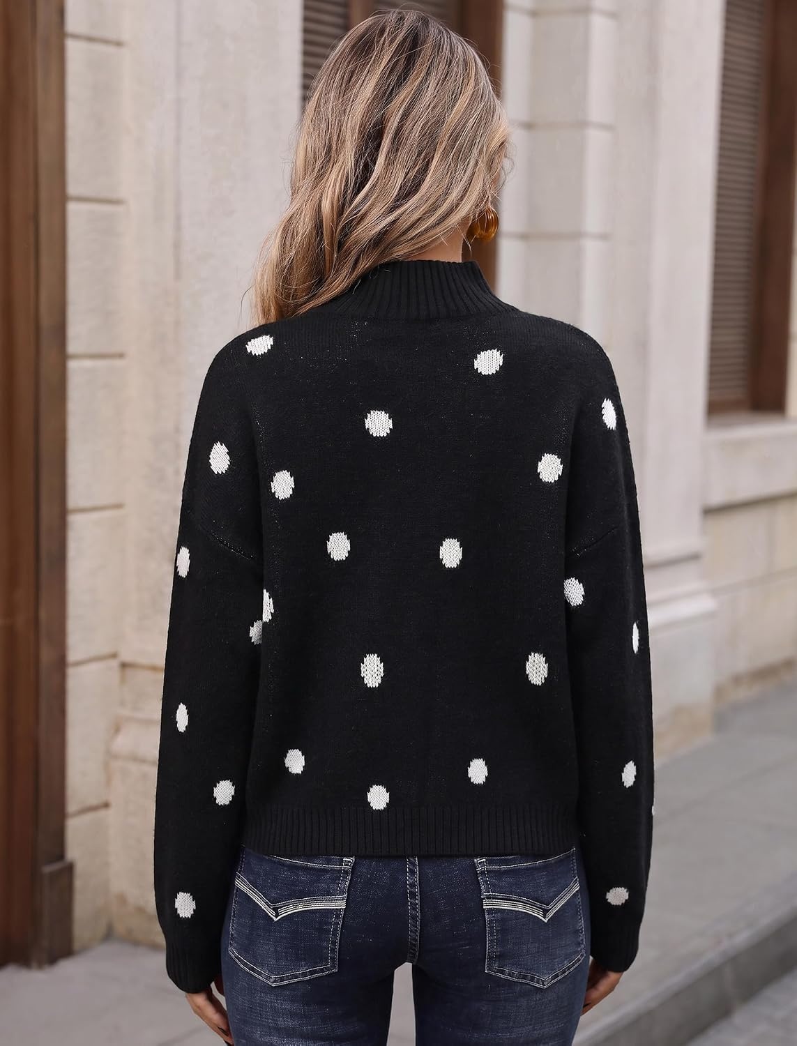image:imageZAFUL Womens Cropped Turtleneck Sweater Lantern Sleeve Ribbed Knit Pullover Sweater Jumper1black Polka Dot