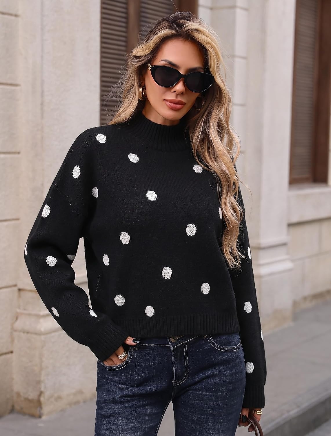 image:imageZAFUL Womens Cropped Turtleneck Sweater Lantern Sleeve Ribbed Knit Pullover Sweater Jumper1black Polka Dot