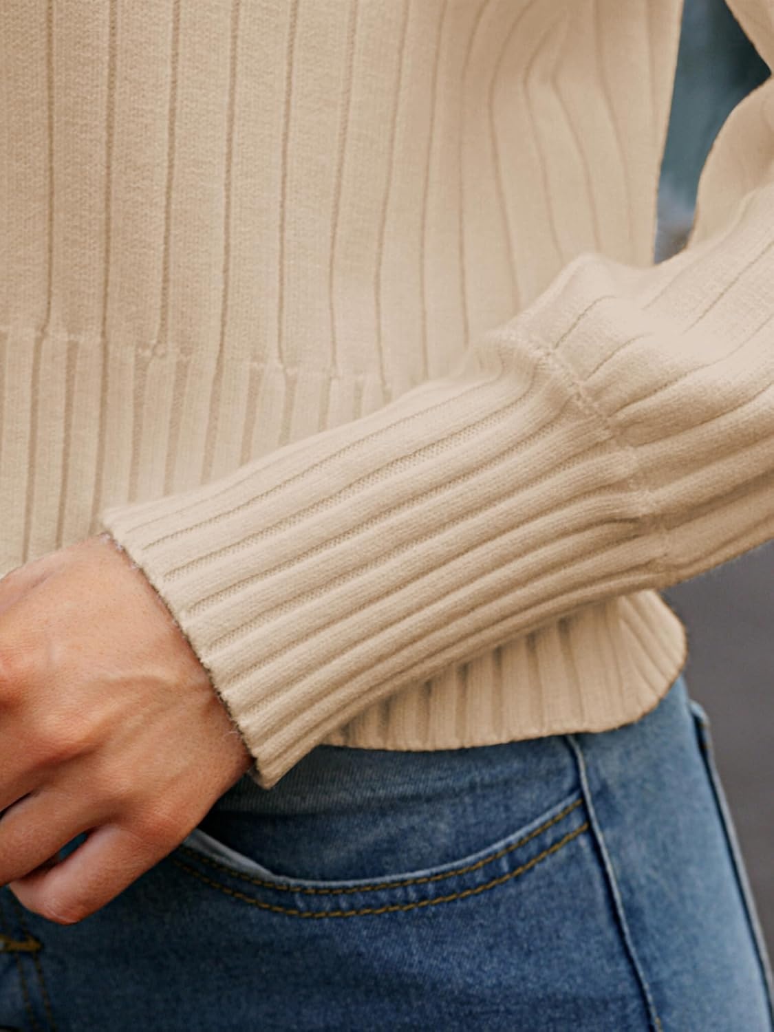 image:imageZAFUL Womens Mock Neck Sweater Long Sleeve Ribbed Knit Cropped Sweater4beige