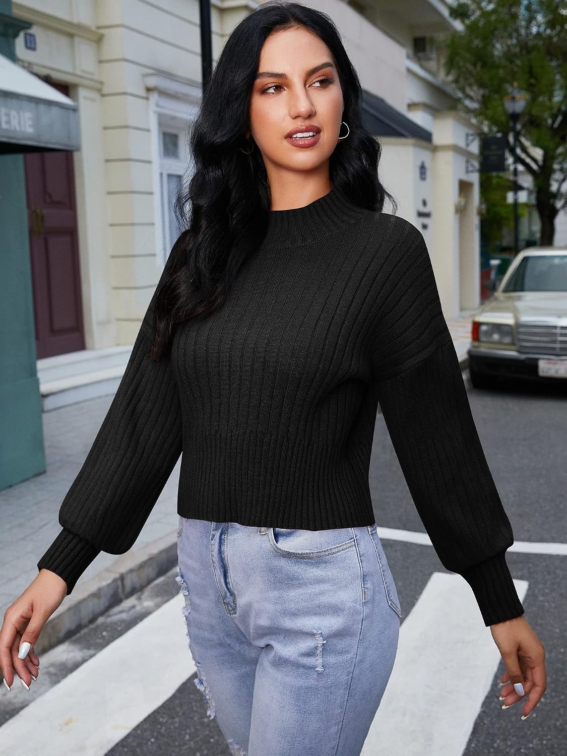 image:imageZAFUL Womens Mock Neck Sweater Long Sleeve Ribbed Knit Cropped Sweater4black