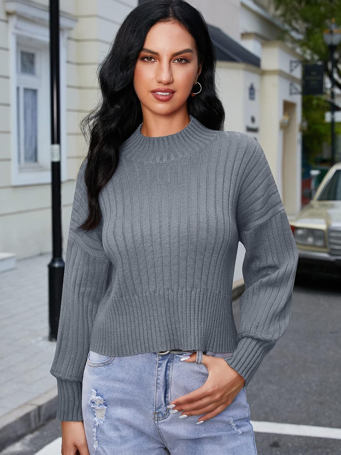 image:imageZAFUL Womens Mock Neck Sweater Long Sleeve Ribbed Knit Cropped Sweater4blue Gray
