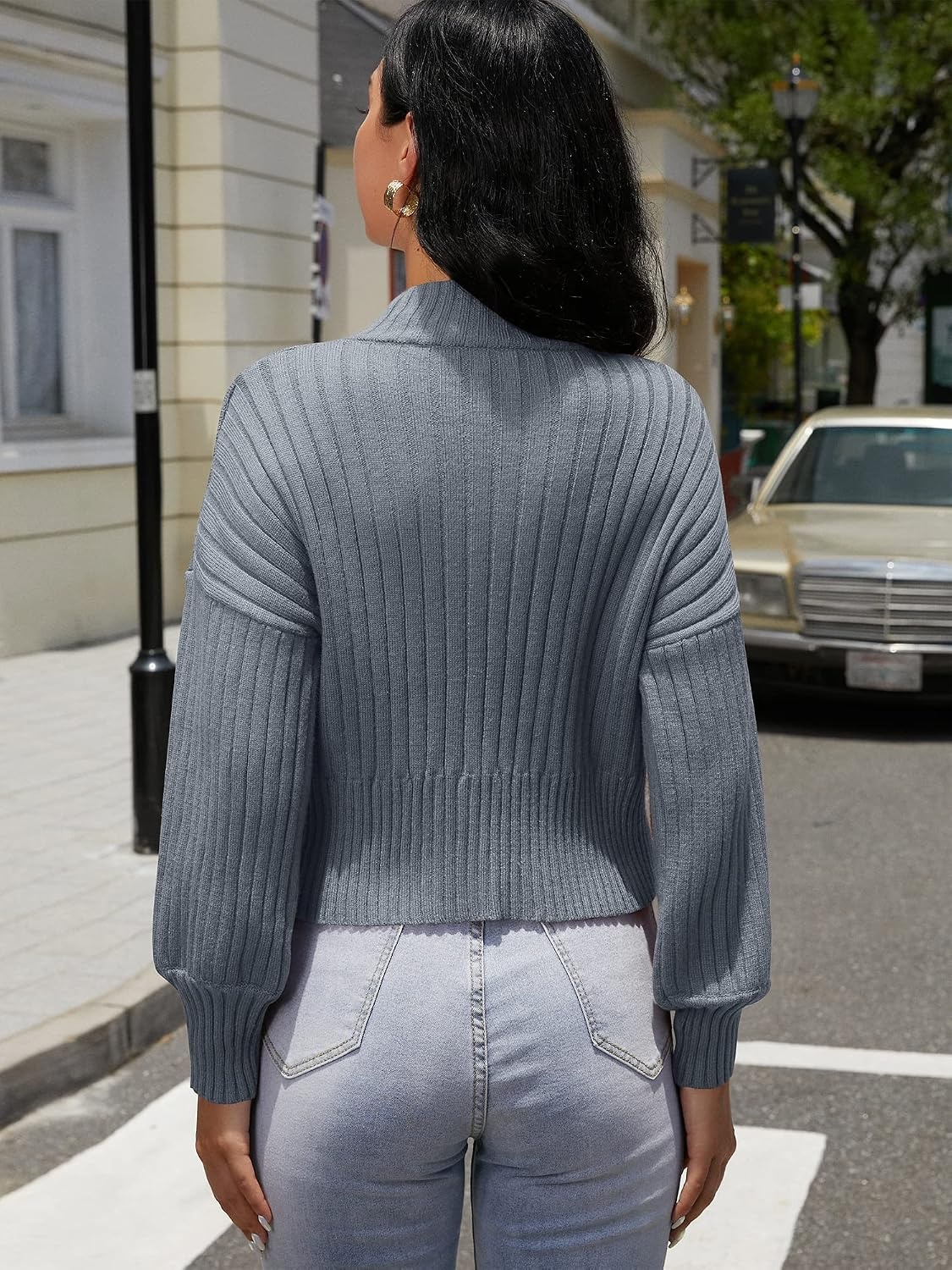 image:imageZAFUL Womens Mock Neck Sweater Long Sleeve Ribbed Knit Cropped Sweater4blue Gray