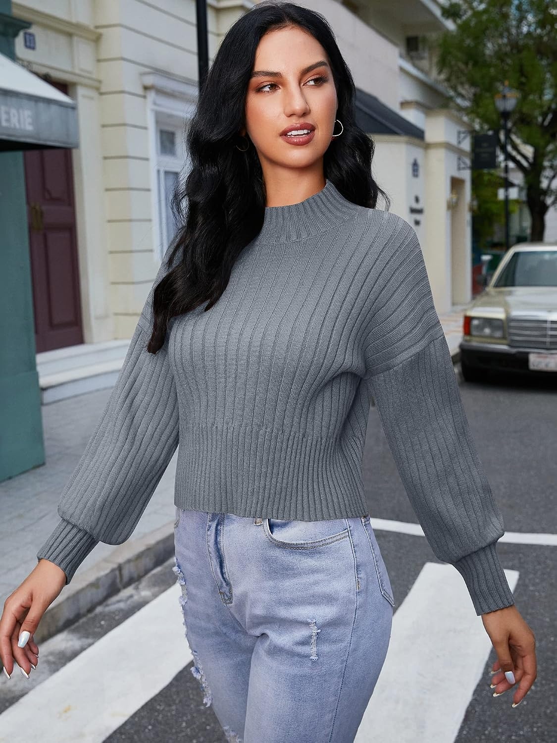 image:imageZAFUL Womens Mock Neck Sweater Long Sleeve Ribbed Knit Cropped Sweater4blue Gray