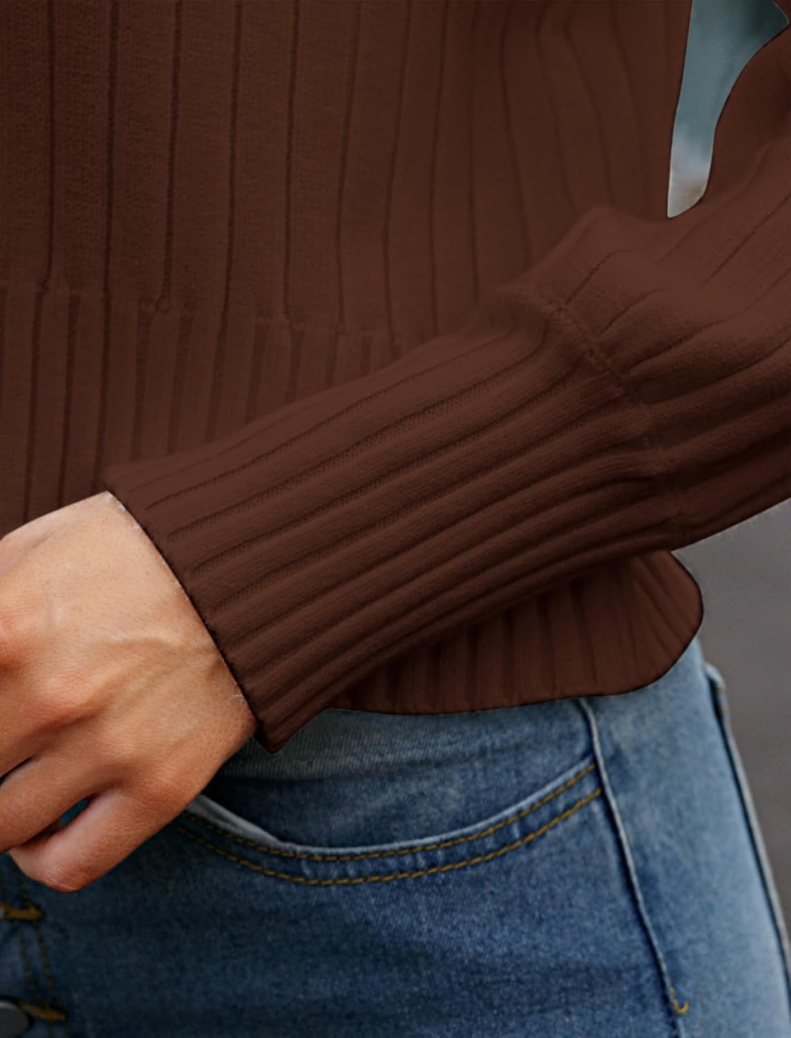 image:imageZAFUL Womens Mock Neck Sweater Long Sleeve Ribbed Knit Cropped Sweater4brown