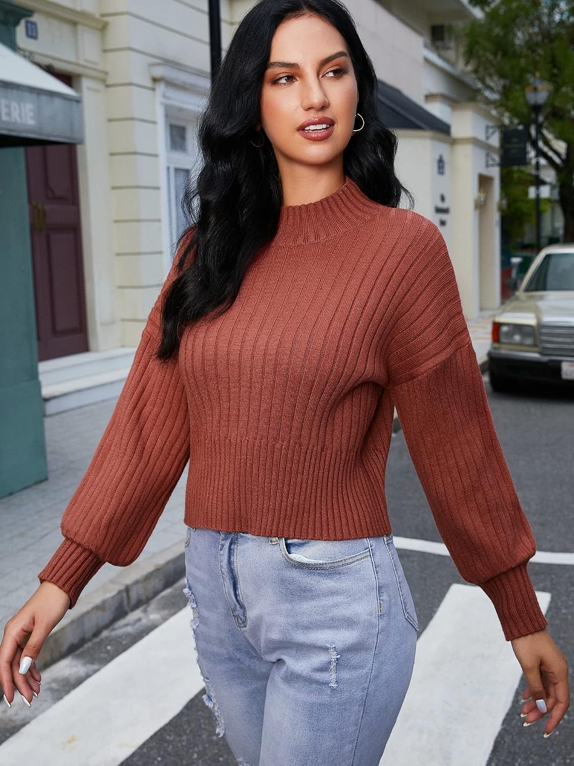 image:imageZAFUL Womens Mock Neck Sweater Long Sleeve Ribbed Knit Cropped Sweater4cherry Red