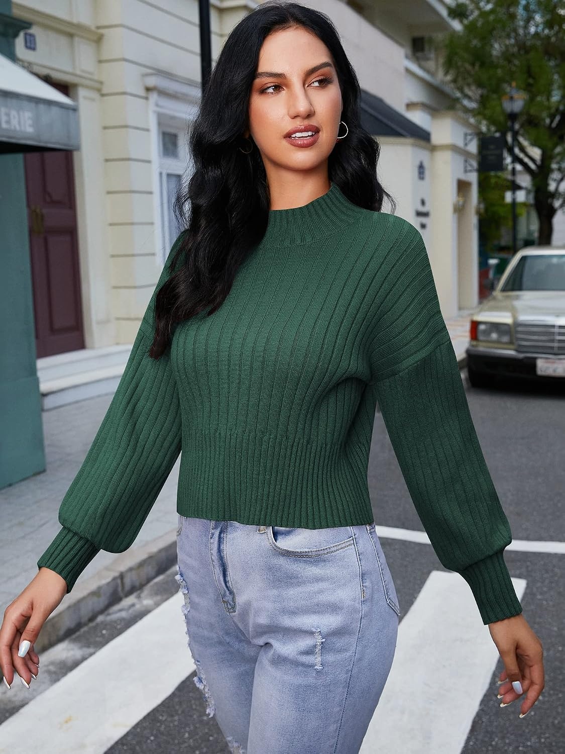 image:imageZAFUL Womens Mock Neck Sweater Long Sleeve Ribbed Knit Cropped Sweater4green