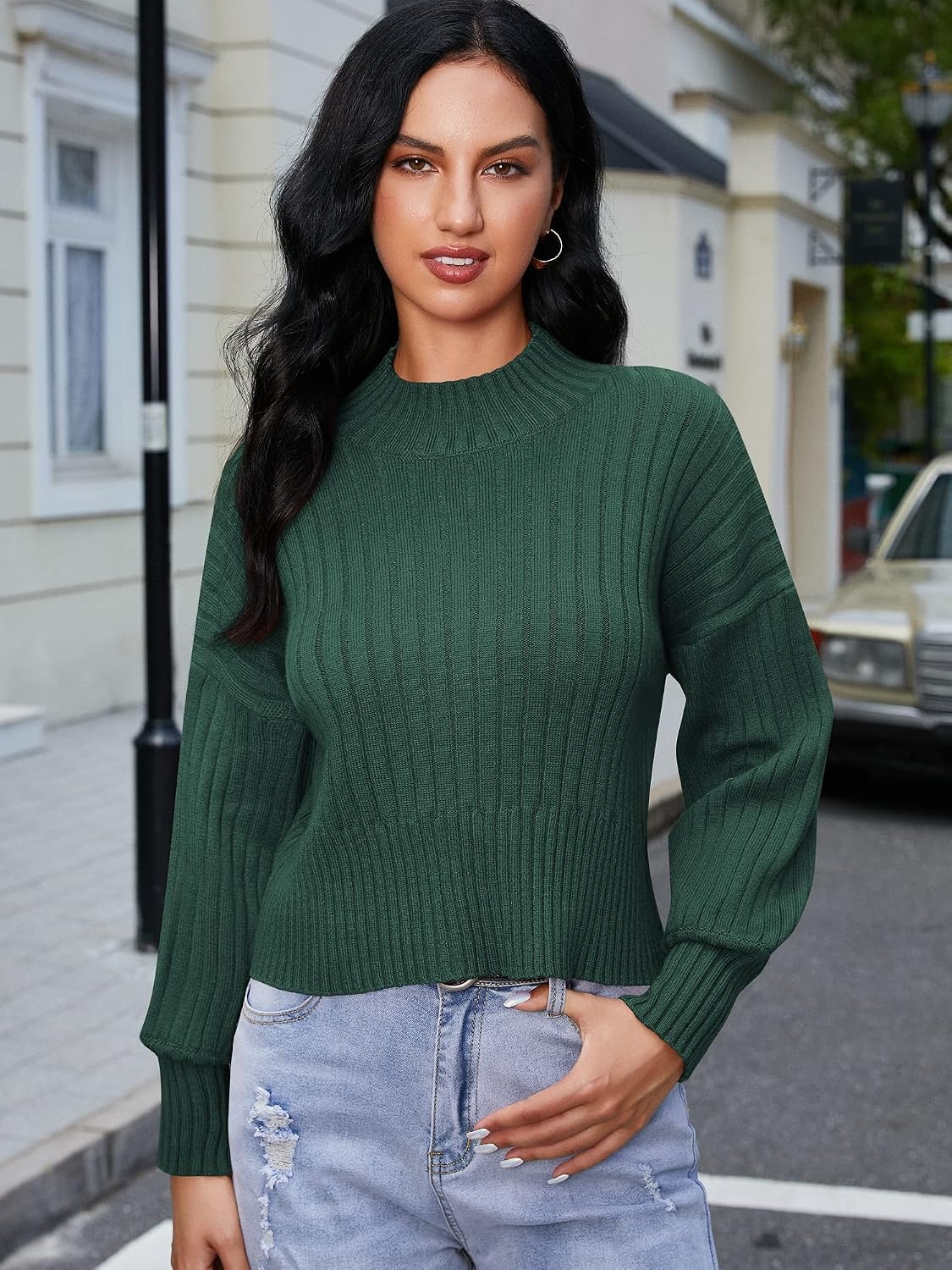 image:imageZAFUL Womens Mock Neck Sweater Long Sleeve Ribbed Knit Cropped Sweater4green