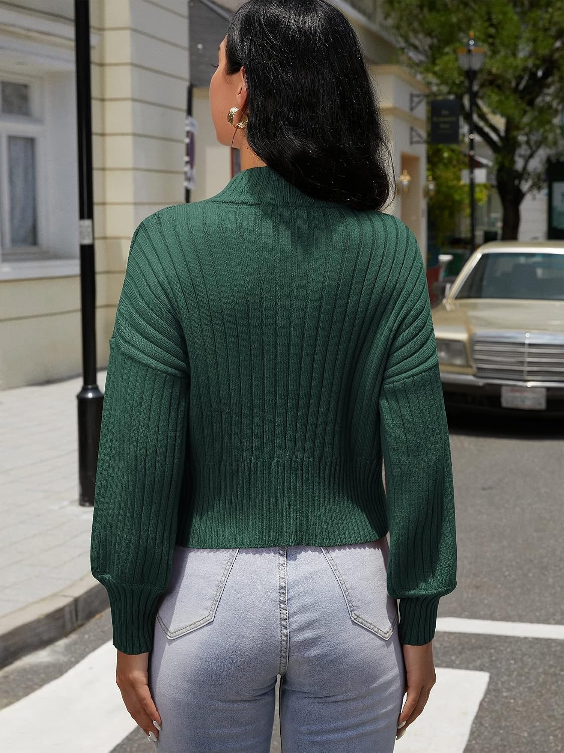 image:imageZAFUL Womens Mock Neck Sweater Long Sleeve Ribbed Knit Cropped Sweater4green