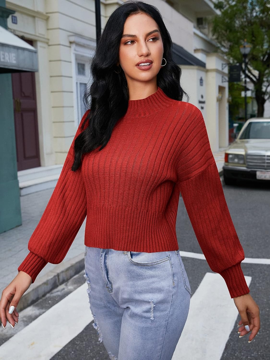 image:imageZAFUL Womens Mock Neck Sweater Long Sleeve Ribbed Knit Cropped Sweater4red