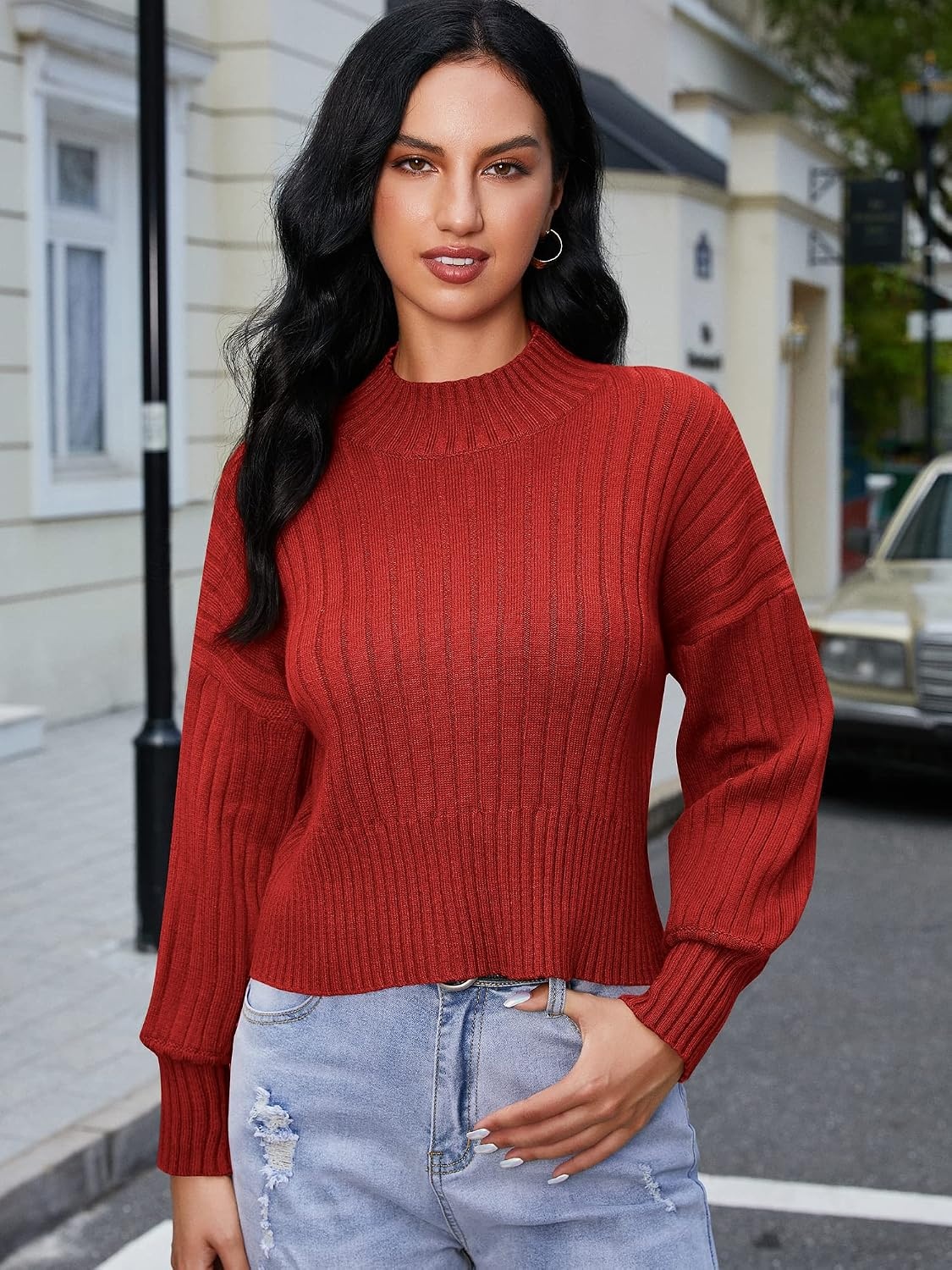 image:imageZAFUL Womens Mock Neck Sweater Long Sleeve Ribbed Knit Cropped Sweater4red