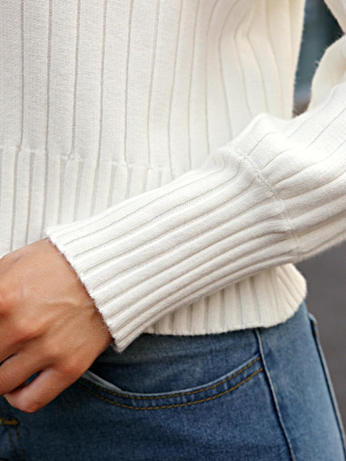 image:imageZAFUL Womens Mock Neck Sweater Long Sleeve Ribbed Knit Cropped Sweater4white