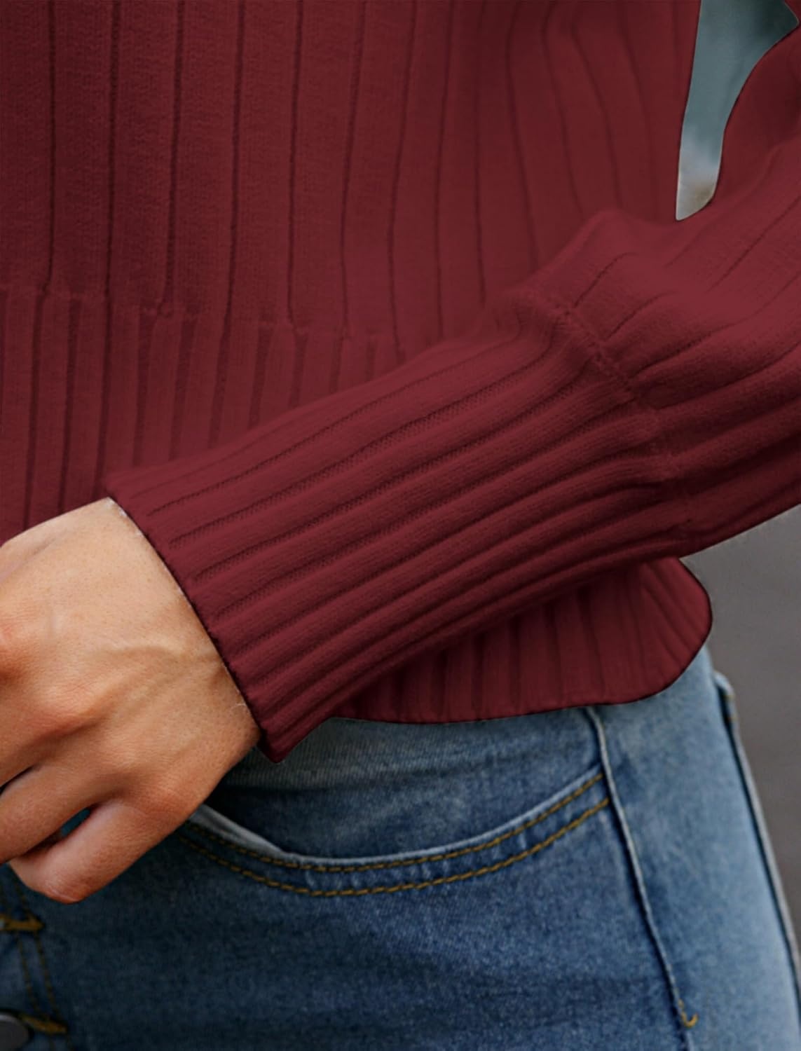 image:imageZAFUL Womens Mock Neck Sweater Long Sleeve Ribbed Knit Cropped Sweater4wine Red