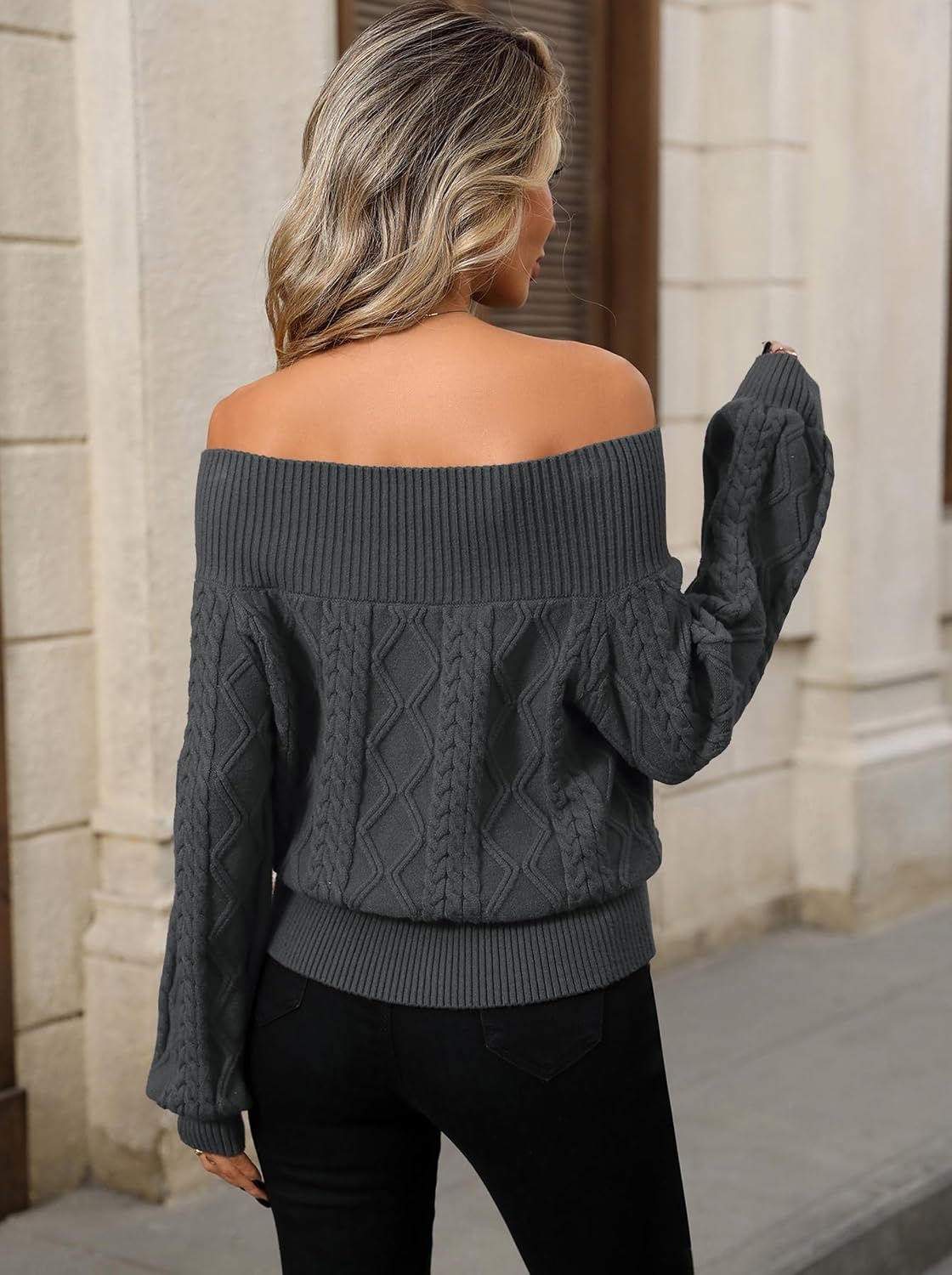 image:imageZAFUL Womens Off The Shoulder Sweater Long Sleeve Knit Pullover Sweater1dark Grey