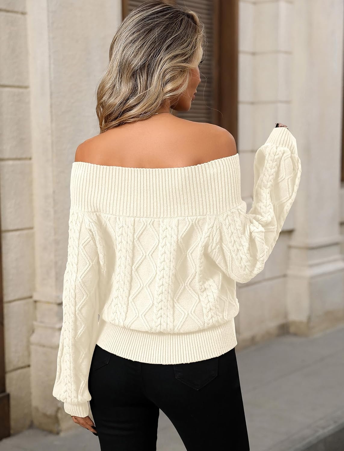 image:imageZAFUL Womens Off The Shoulder Sweater Long Sleeve Knit Pullover Sweater1white