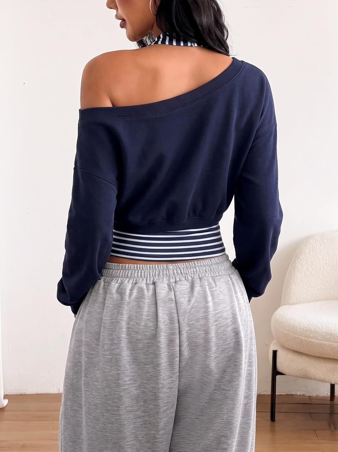 image:imageZAFUL Womens Off The Shoulder Sweatshirt Long Sleeve Crop Top PulloverBlue Striped