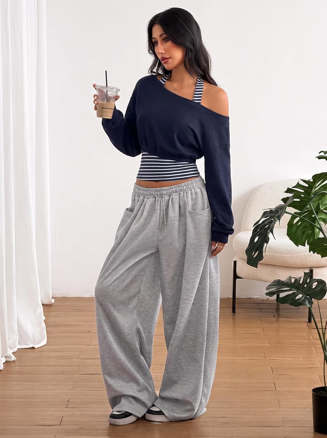 image:imageZAFUL Womens Off The Shoulder Sweatshirt Long Sleeve Crop Top PulloverBlue Striped