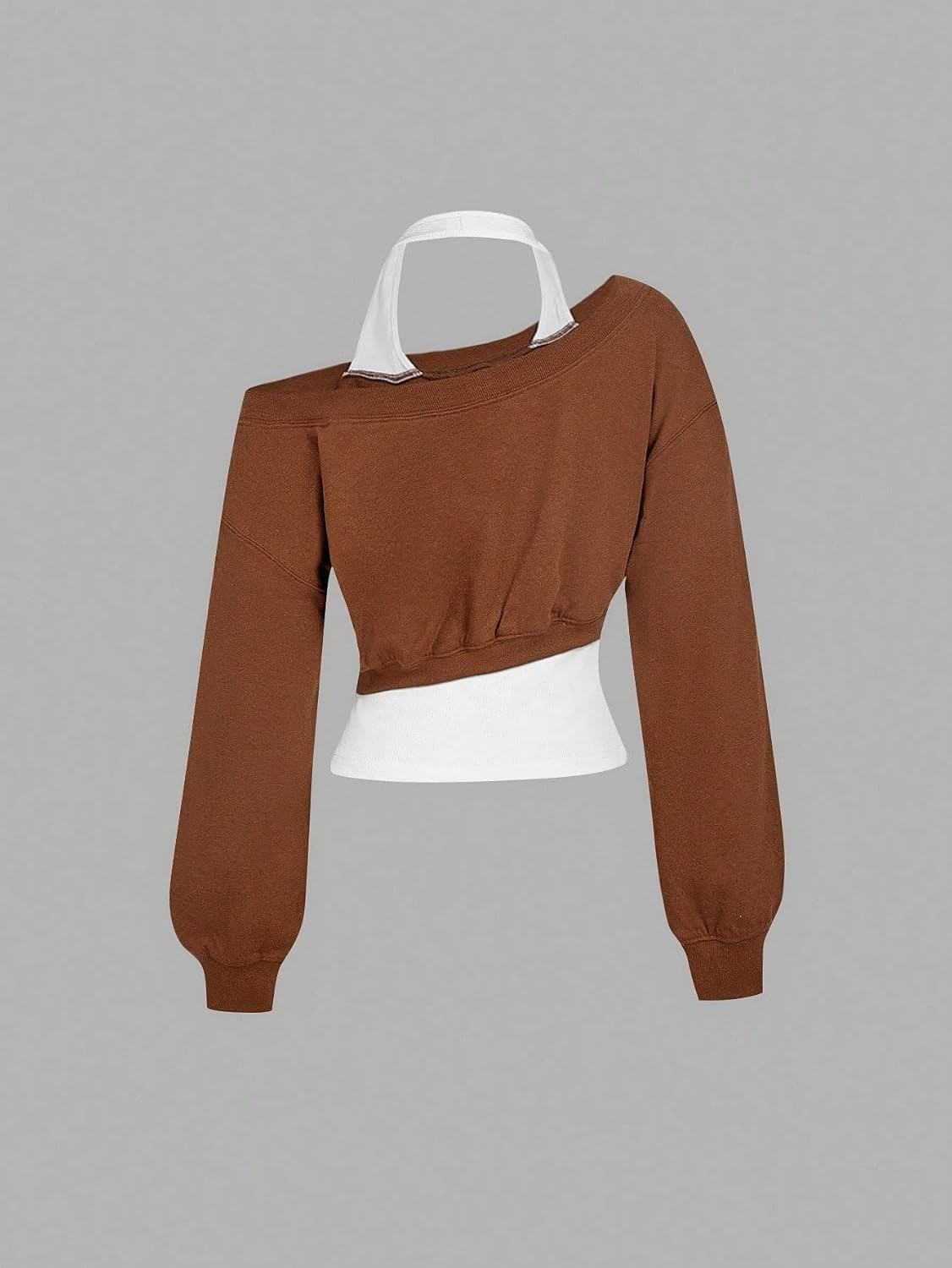 image:imageZAFUL Womens Off The Shoulder Sweatshirt Long Sleeve Crop Top PulloverBrown