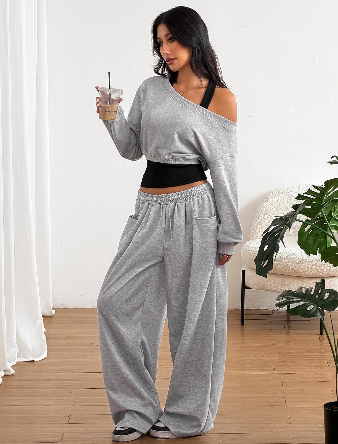 image:imageZAFUL Womens Off The Shoulder Sweatshirt Long Sleeve Crop Top PulloverGrey