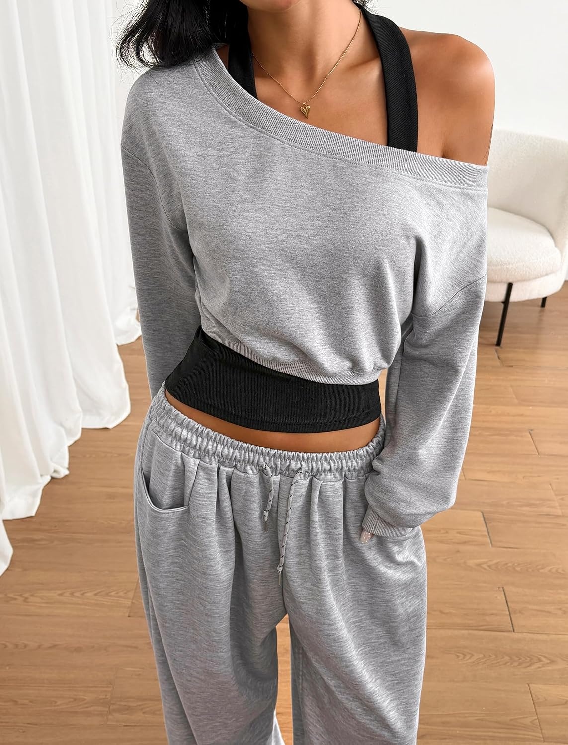 image:imageZAFUL Womens Off The Shoulder Sweatshirt Long Sleeve Crop Top PulloverGrey