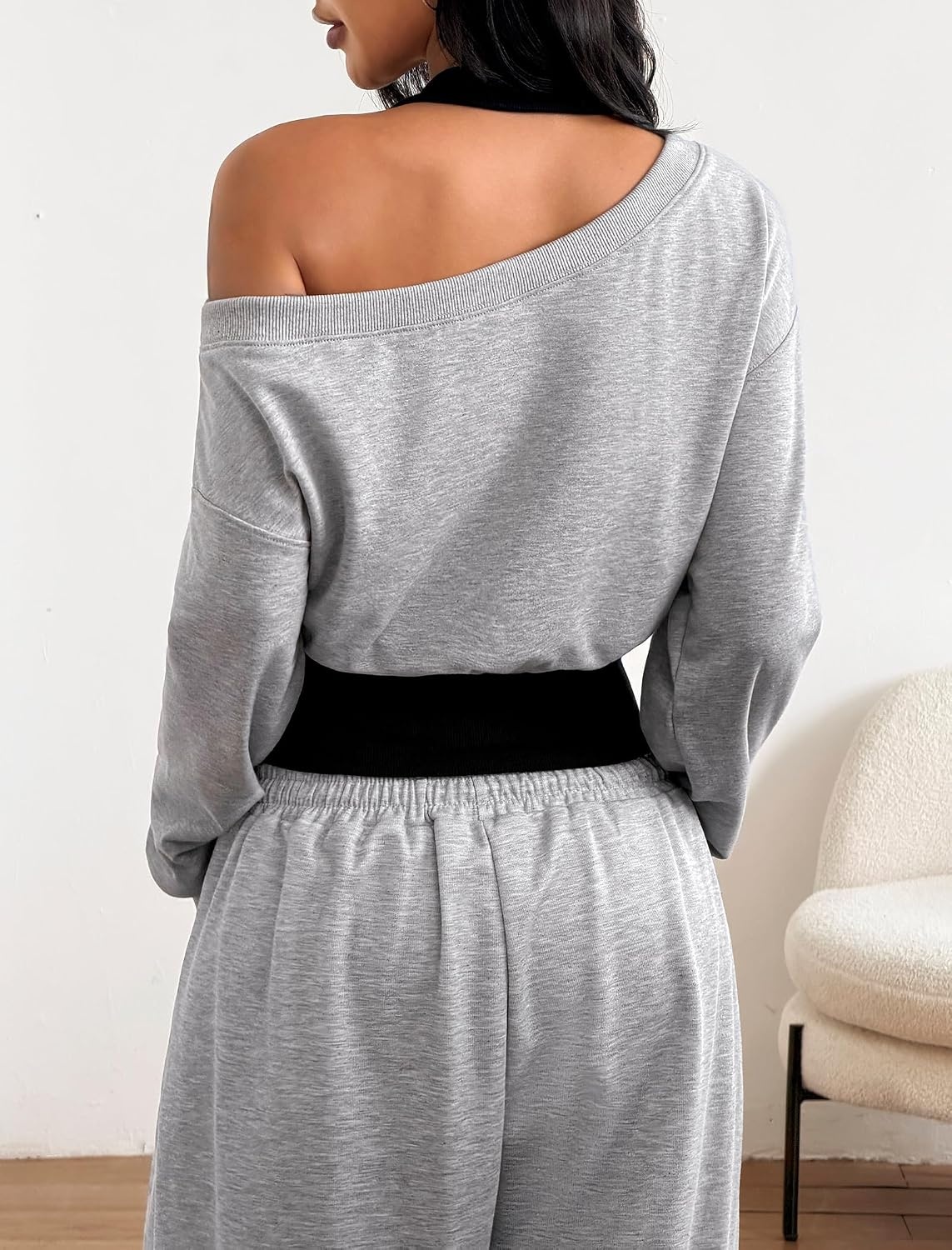 image:imageZAFUL Womens Off The Shoulder Sweatshirt Long Sleeve Crop Top PulloverGrey
