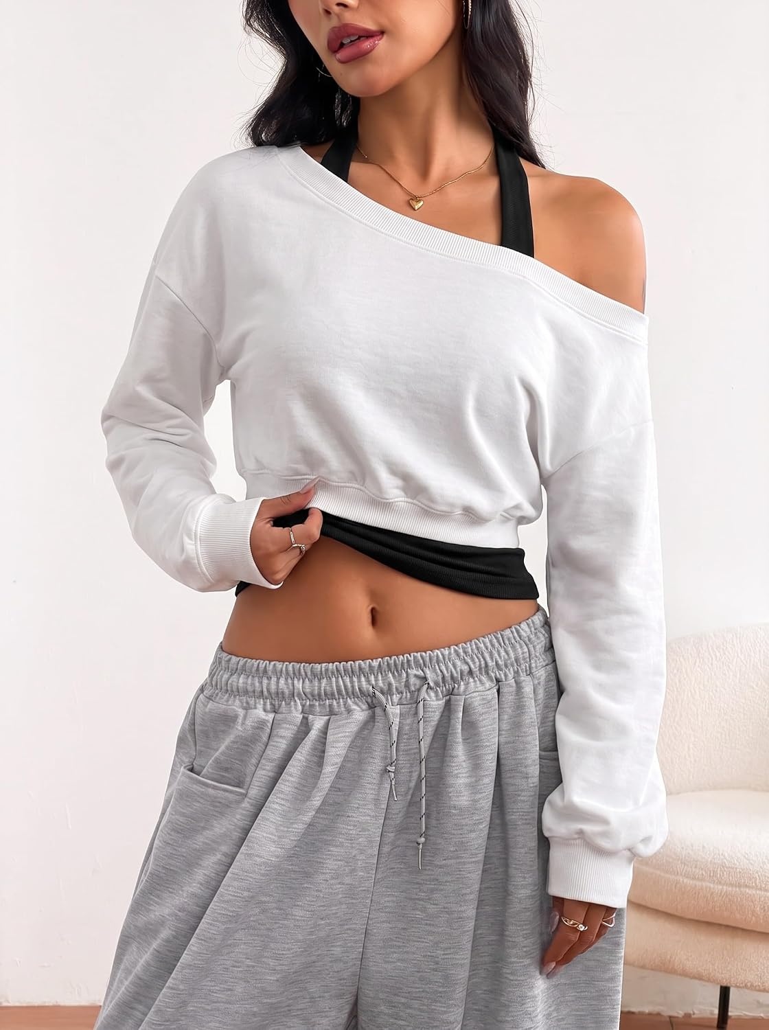 image:imageZAFUL Womens Off The Shoulder Sweatshirt Long Sleeve Crop Top PulloverWhite